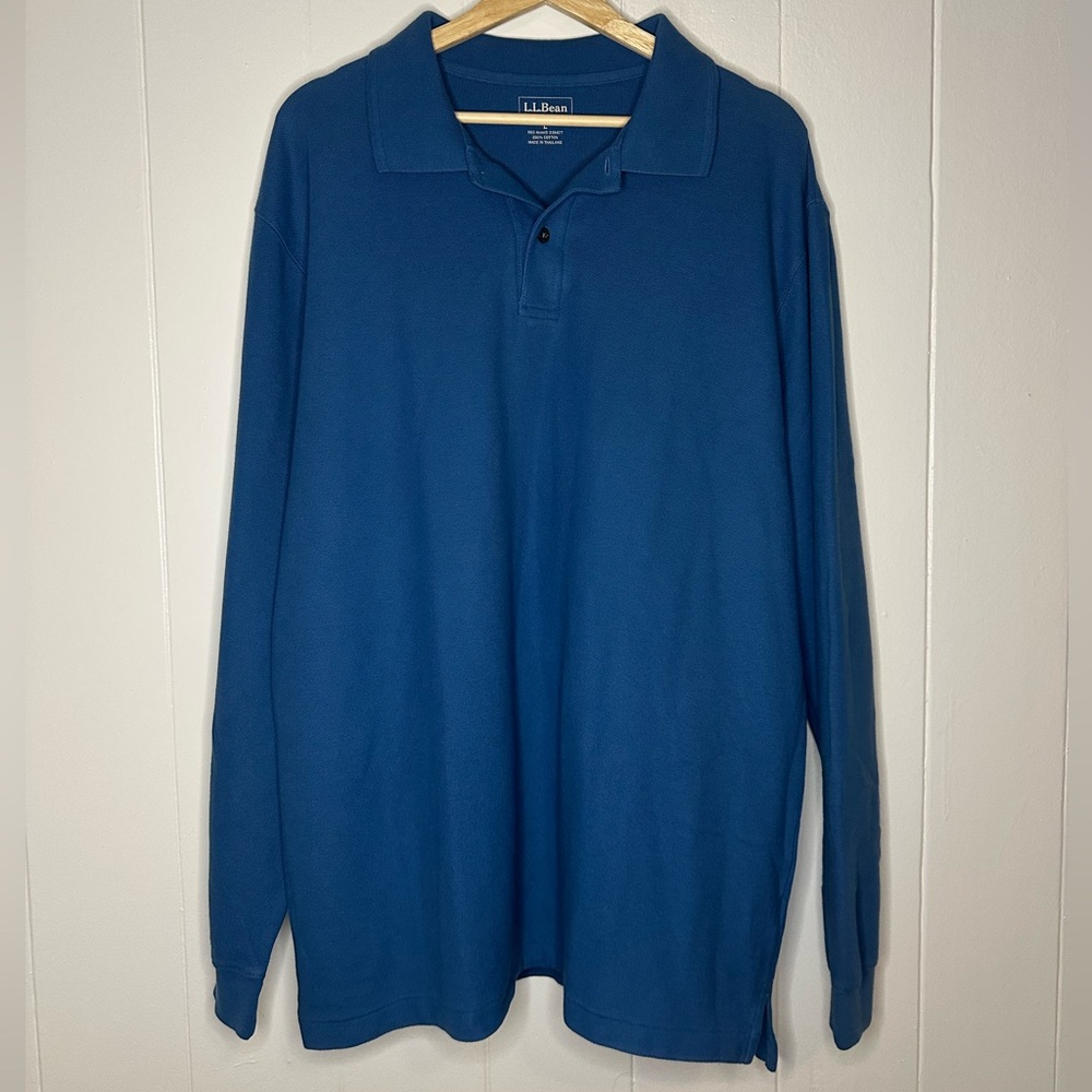 L.L. Bean Long Sleeve Polo Shirt Blue 100% Cotton Size Large